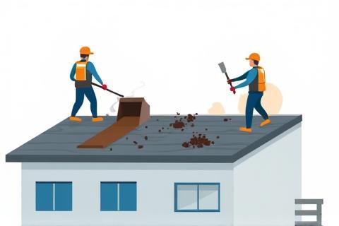 Workers removing old roofing material, symbolizing re-roofing.