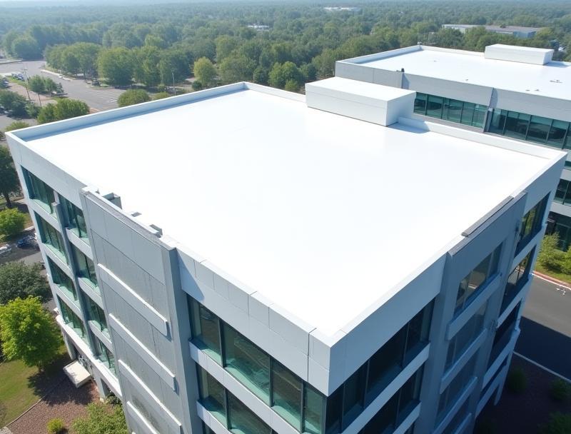 Aerial view of a completed commercial office building roof.