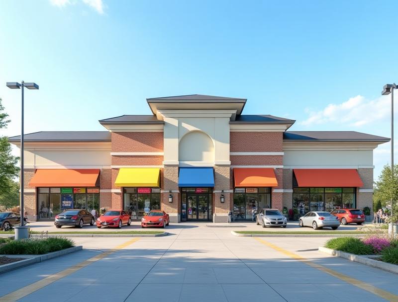 Front view of a retail center with a newly installed EPDM roof.